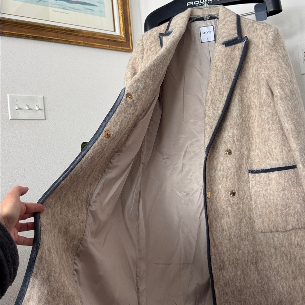 Motf Wool Blend Beige Ivory Long Duster Coat/Jacket Sz L Blue Velvet Trim - Picture 7 of 14
